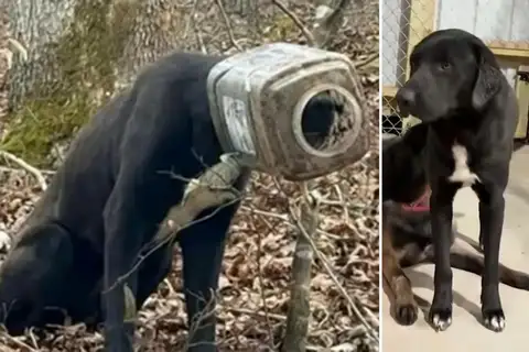 Stray dog freed after getting his head stuck in a bucket